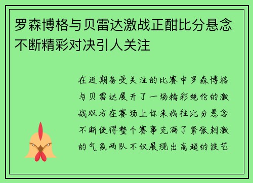 罗森博格与贝雷达激战正酣比分悬念不断精彩对决引人关注